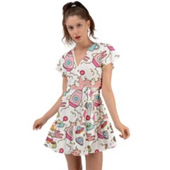 Set-kawaii-doodles -- Flutter Sleeve Wrap Dress by Grandong