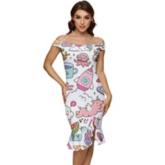 Set-kawaii-doodles -- Off Shoulder Ruffle Split Hem Bodycon Dress by Grandong