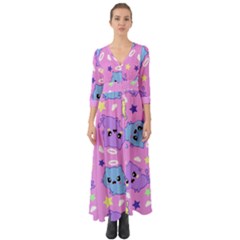 Seamless Pattern With Cute Kawaii Kittens Button Up Boho Maxi Dress by Grandong