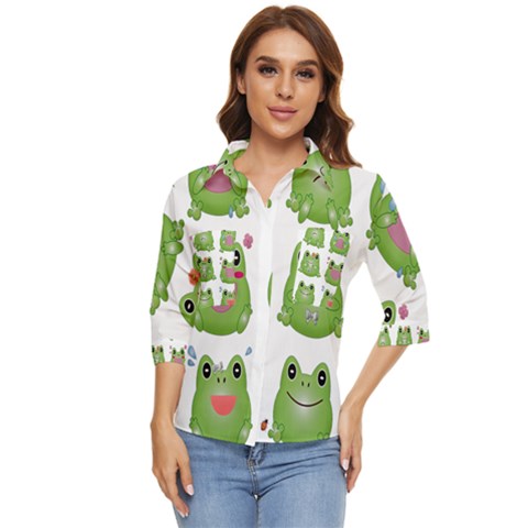 Kawaii-frog-rainy-season-japanese Women s Quarter Sleeve Pocket Shirt by Grandong