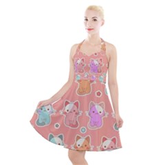 Cute Kawaii Kittens Seamless Pattern Halter Party Swing Dress  by Grandong