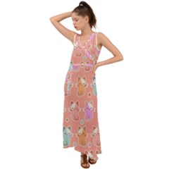 Cute Kawaii Kittens Seamless Pattern V-neck Chiffon Maxi Dress by Grandong