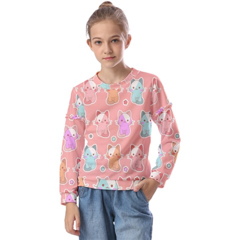 Cute Kawaii Kittens Seamless Pattern Kids  Long Sleeve T-shirt With Frill  by Grandong