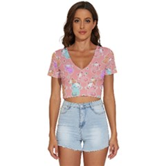 Cute Kawaii Kittens Seamless Pattern V-neck Crop Top