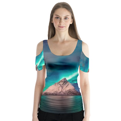 Amazing Aurora Borealis Colors Butterfly Sleeve Cutout T-shirt  by Grandong