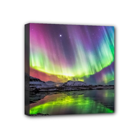 Aurora Borealis Polar Northern Lights Natural Phenomenon North Night Mountains Mini Canvas 4  X 4  (stretched) by Grandong