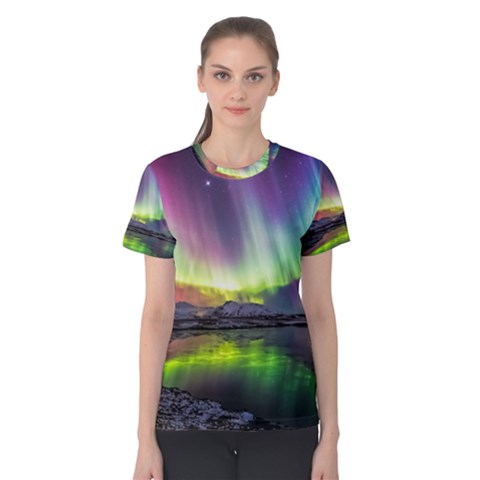 Aurora Borealis Polar Northern Lights Natural Phenomenon North Night Mountains Women s Cotton T-shirt by Grandong