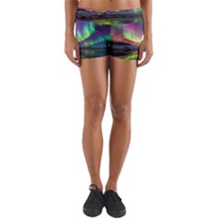 Aurora Borealis Polar Northern Lights Natural Phenomenon North Night Mountains Yoga Shorts by Grandong