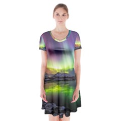 Aurora Borealis Polar Northern Lights Natural Phenomenon North Night Mountains Short Sleeve V-neck Flare Dress by Grandong