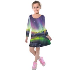 Aurora Borealis Polar Northern Lights Natural Phenomenon North Night Mountains Kids  Long Sleeve Velvet Dress by Grandong