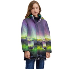 Aurora Borealis Polar Northern Lights Natural Phenomenon North Night Mountains Kids  Hooded Longline Puffer Jacket by Grandong