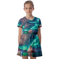 Amazing Aurora Borealis Colors Kids  Short Sleeve Pinafore Style Dress by Grandong