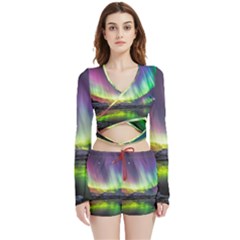 Aurora Borealis Polar Northern Lights Natural Phenomenon North Night Mountains Velvet Wrap Crop Top And Shorts Set by Grandong