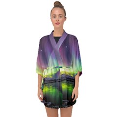 Aurora Borealis Polar Northern Lights Natural Phenomenon North Night Mountains Half Sleeve Chiffon Kimono by Grandong