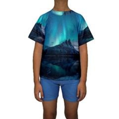 Aurora Borealis Mountain Reflection Kids  Short Sleeve Swimwear by Grandong