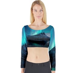 Aurora Borealis Mountain Reflection Long Sleeve Crop Top by Grandong