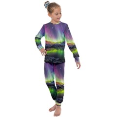 Aurora Borealis Polar Northern Lights Natural Phenomenon North Night Mountains Kids  Long Sleeve Set  by Grandong