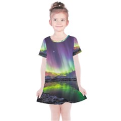 Aurora Borealis Polar Northern Lights Natural Phenomenon North Night Mountains Kids  Simple Cotton Dress by Grandong