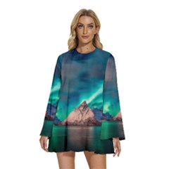 Amazing Aurora Borealis Colors Round Neck Long Sleeve Bohemian Style Chiffon Mini Dress by Grandong