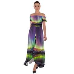 Aurora Borealis Polar Northern Lights Natural Phenomenon North Night Mountains Off Shoulder Open Front Chiffon Dress by Grandong