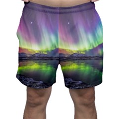 Aurora Borealis Polar Northern Lights Natural Phenomenon North Night Mountains Men s Shorts by Grandong