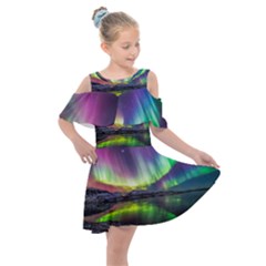 Aurora Borealis Polar Northern Lights Natural Phenomenon North Night Mountains Kids  Shoulder Cutout Chiffon Dress by Grandong