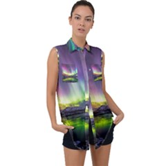 Aurora Borealis Polar Northern Lights Natural Phenomenon North Night Mountains Sleeveless Chiffon Button Shirt