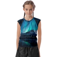 Aurora Borealis Mountain Reflection Kids  Raglan Cap Sleeve T-shirt by Grandong