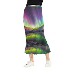 Aurora Borealis Polar Northern Lights Natural Phenomenon North Night Mountains Maxi Fishtail Chiffon Skirt by Grandong