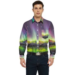 Aurora Borealis Polar Northern Lights Natural Phenomenon North Night Mountains Men s Long Sleeve Pocket Shirt  by Grandong