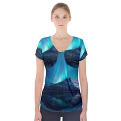 Aurora Borealis Mountain Reflection Short Sleeve Front Detail Top by Grandong