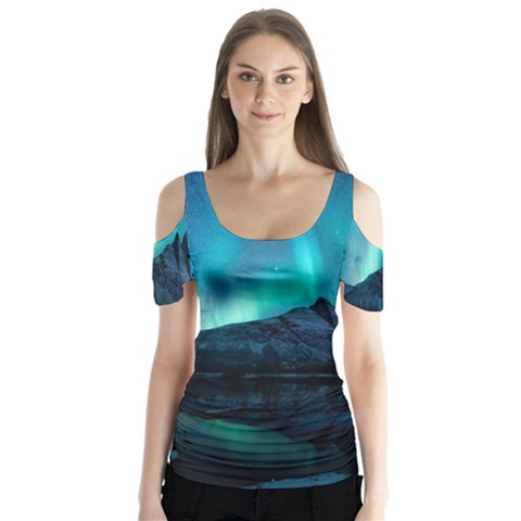 Aurora Borealis Mountain Reflection Butterfly Sleeve Cutout T-shirt  by Grandong