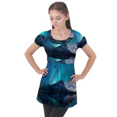 Aurora Borealis Mountain Reflection Puff Sleeve Tunic Top by Grandong