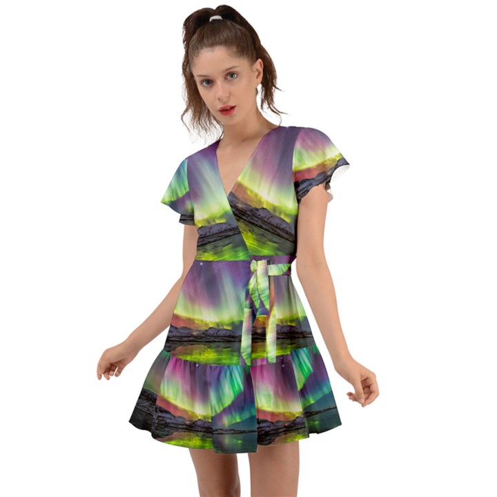 Aurora Borealis Polar Northern Lights Natural Phenomenon North Night Mountains Flutter Sleeve Wrap Dress