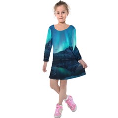 Aurora Borealis Mountain Reflection Kids  Long Sleeve Velvet Dress by Grandong