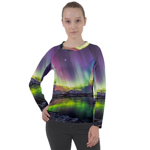 Aurora Borealis Polar Northern Lights Natural Phenomenon North Night Mountains Women s Long Sleeve Raglan T-shirt by Grandong