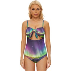 Aurora Borealis Polar Northern Lights Natural Phenomenon North Night Mountains Knot Front One-piece Swimsuit by Grandong