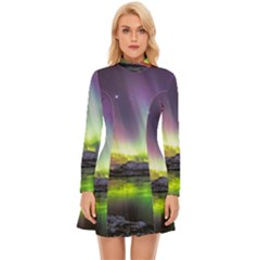 Aurora Borealis Polar Northern Lights Natural Phenomenon North Night Mountains Long Sleeve Velour Longline Dress by Grandong