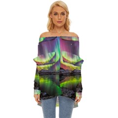 Aurora Borealis Polar Northern Lights Natural Phenomenon North Night Mountains Off Shoulder Chiffon Pocket Shirt by Grandong