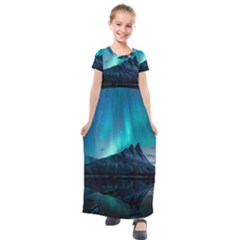 Aurora Borealis Mountain Reflection Kids  Short Sleeve Maxi Dress by Grandong