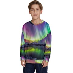 Aurora Borealis Polar Northern Lights Natural Phenomenon North Night Mountains Kids  Crewneck Sweatshirt by Grandong