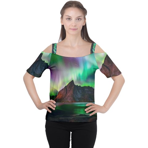 Aurora Borealis Nature Sky Light Cutout Shoulder T-shirt by Grandong