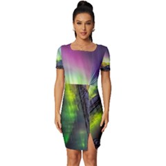 Aurora Borealis Polar Northern Lights Natural Phenomenon North Night Mountains Fitted Knot Split End Bodycon Dress by Grandong