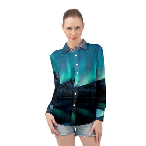 Aurora Borealis Mountain Reflection Long Sleeve Chiffon Shirt by Grandong