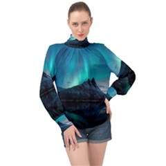 Aurora Borealis Mountain Reflection High Neck Long Sleeve Chiffon Top