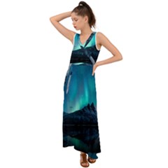 Aurora Borealis Mountain Reflection V-neck Chiffon Maxi Dress by Grandong