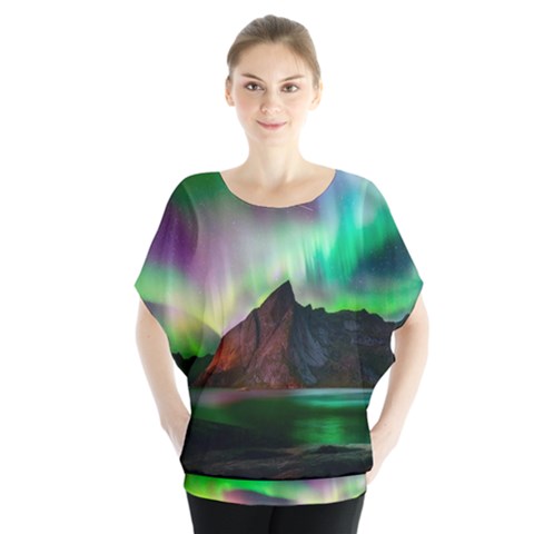 Aurora Borealis Nature Sky Light Batwing Chiffon Blouse by Grandong