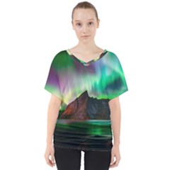 Aurora Borealis Nature Sky Light V-neck Dolman Drape Top by Grandong