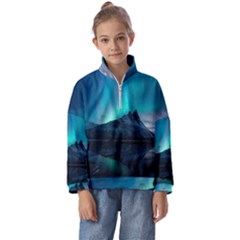 Aurora Borealis Mountain Reflection Kids  Half Zip Hoodie by Grandong