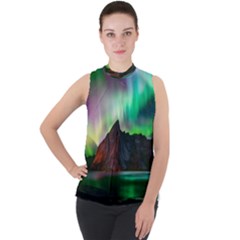 Aurora Borealis Nature Sky Light Mock Neck Chiffon Sleeveless Top by Grandong